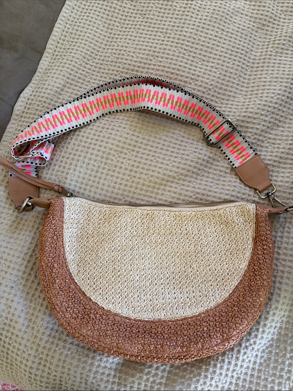 Anthropologie Woven Half-Moon Crossbody Bag with Colorful Strap